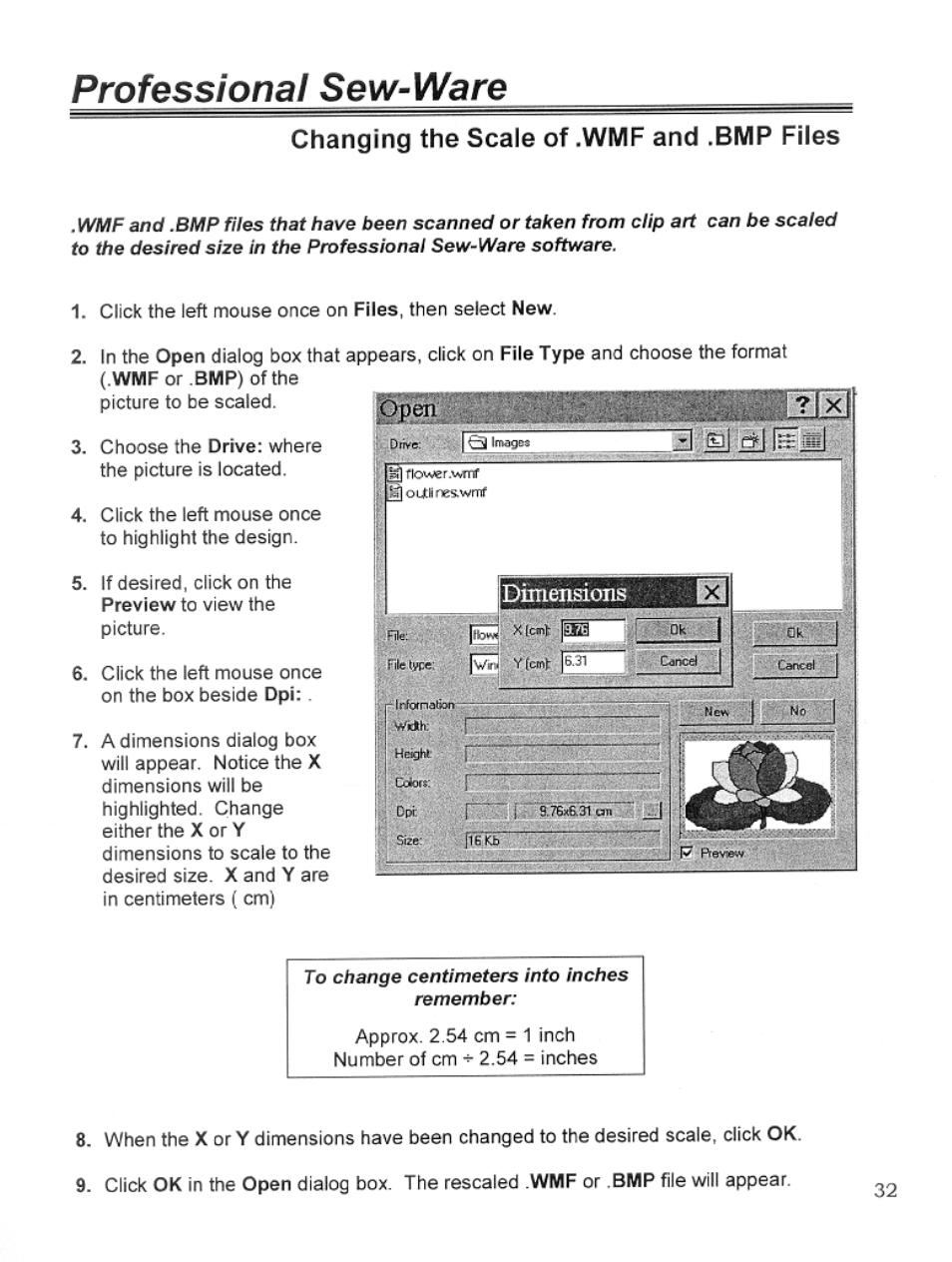 Changing the scale of .wmf and .bmp files, Changing scale of .wmf and .bmp, Professional sew-ware | SINGER PSW 1.10-WORKBOOK User Manual | Page 34 / 80