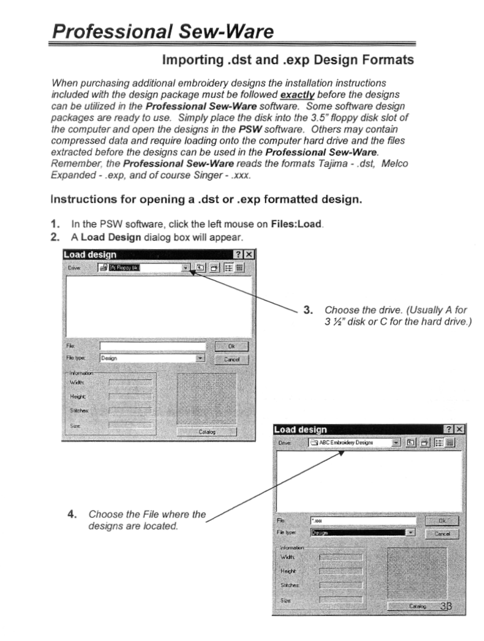 Importing .dst and .exp design formats, Importing dst and exp designs, Professional sew-ware | SINGER PSW 1.10-WORKBOOK User Manual | Page 35 / 80