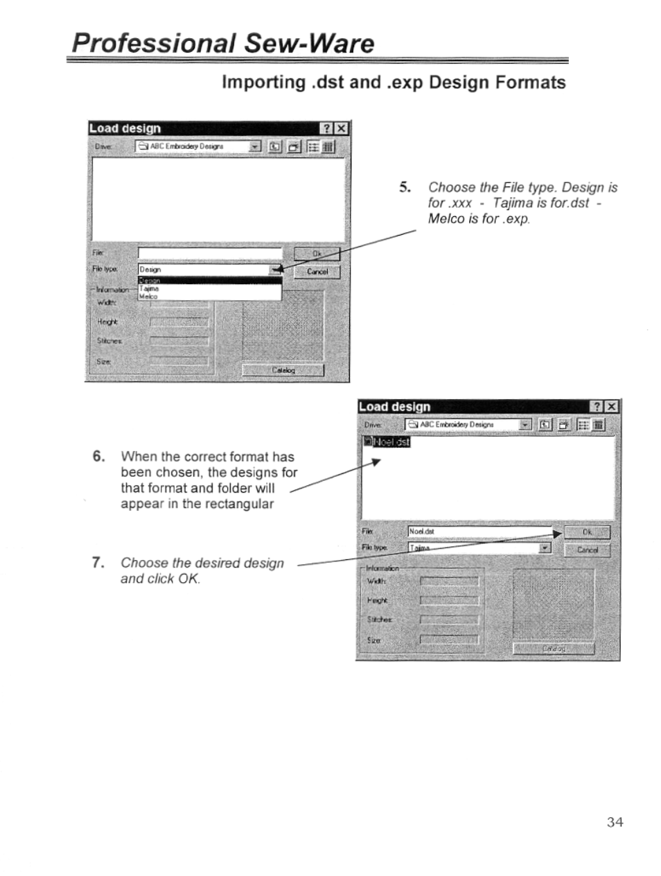 Importing .dst and .exp design formats, Professional sew-ware | SINGER PSW 1.10-WORKBOOK User Manual | Page 36 / 80