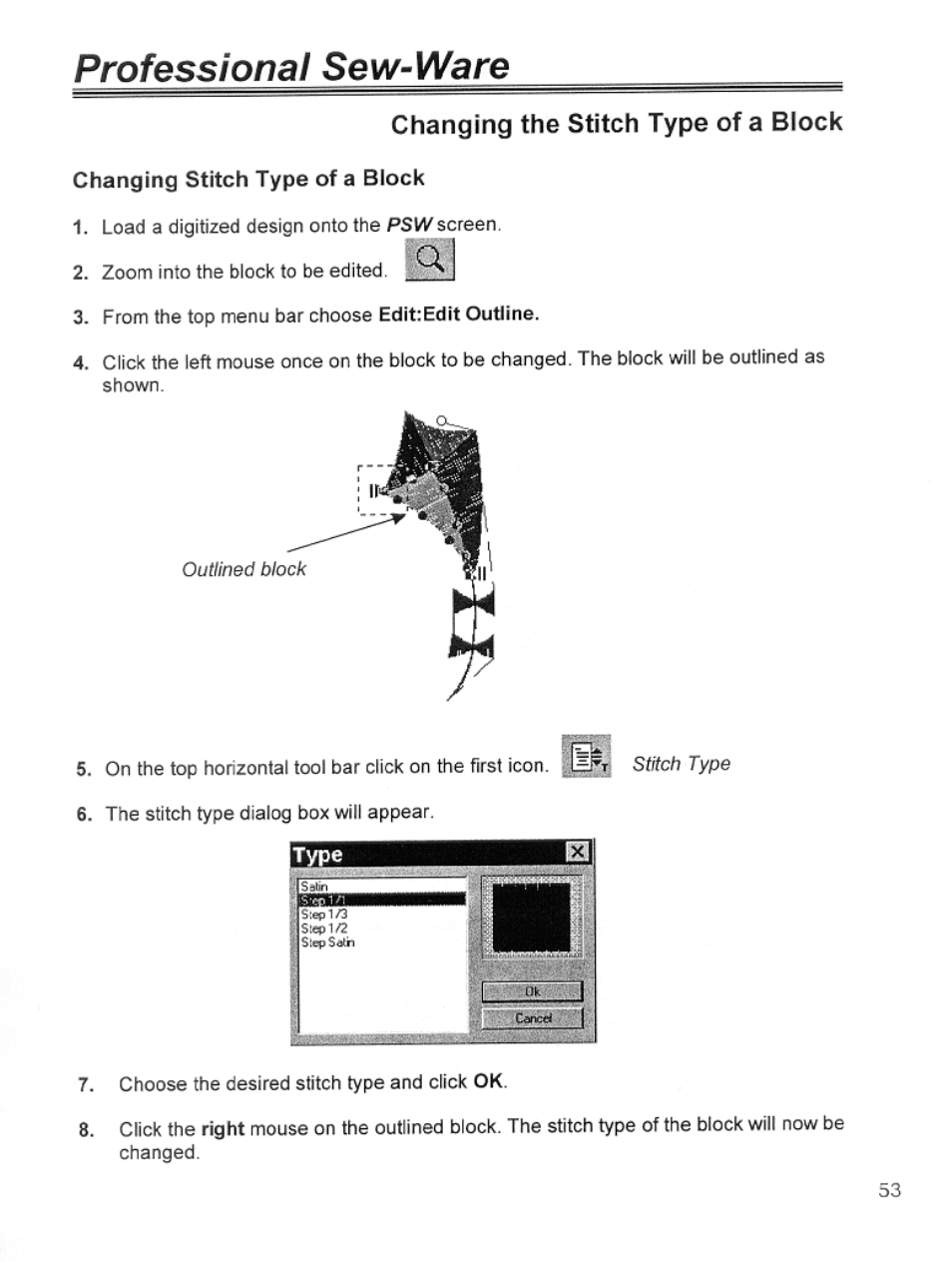 Changing the stitch type of a block, Changing stitch type block, Professional sew-ware | SINGER PSW 1.10-WORKBOOK User Manual | Page 55 / 80