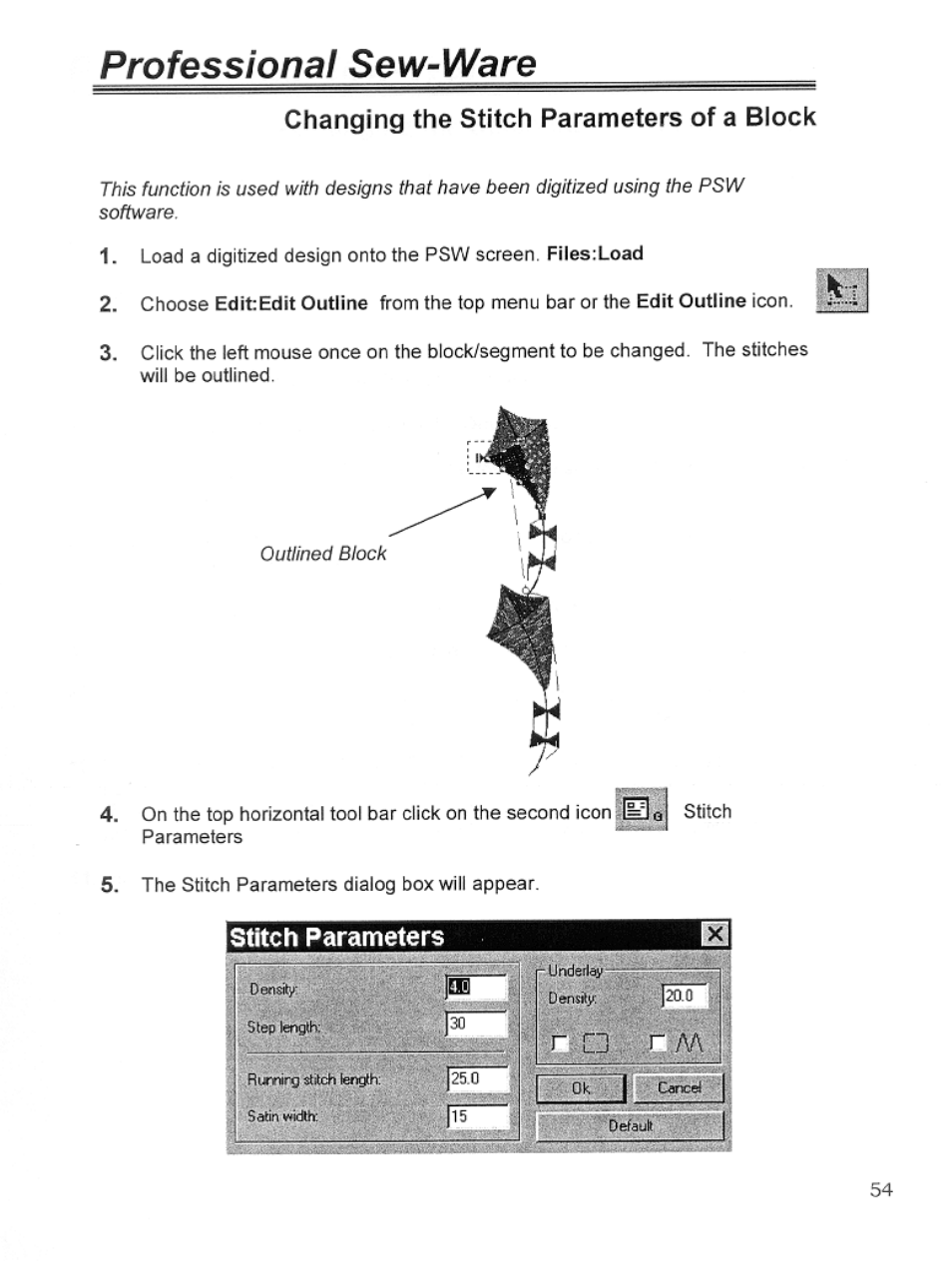 Changing the stitch parameters of a block, Professional sew-ware, Parameters | Stitch | SINGER PSW 1.10-WORKBOOK User Manual | Page 56 / 80