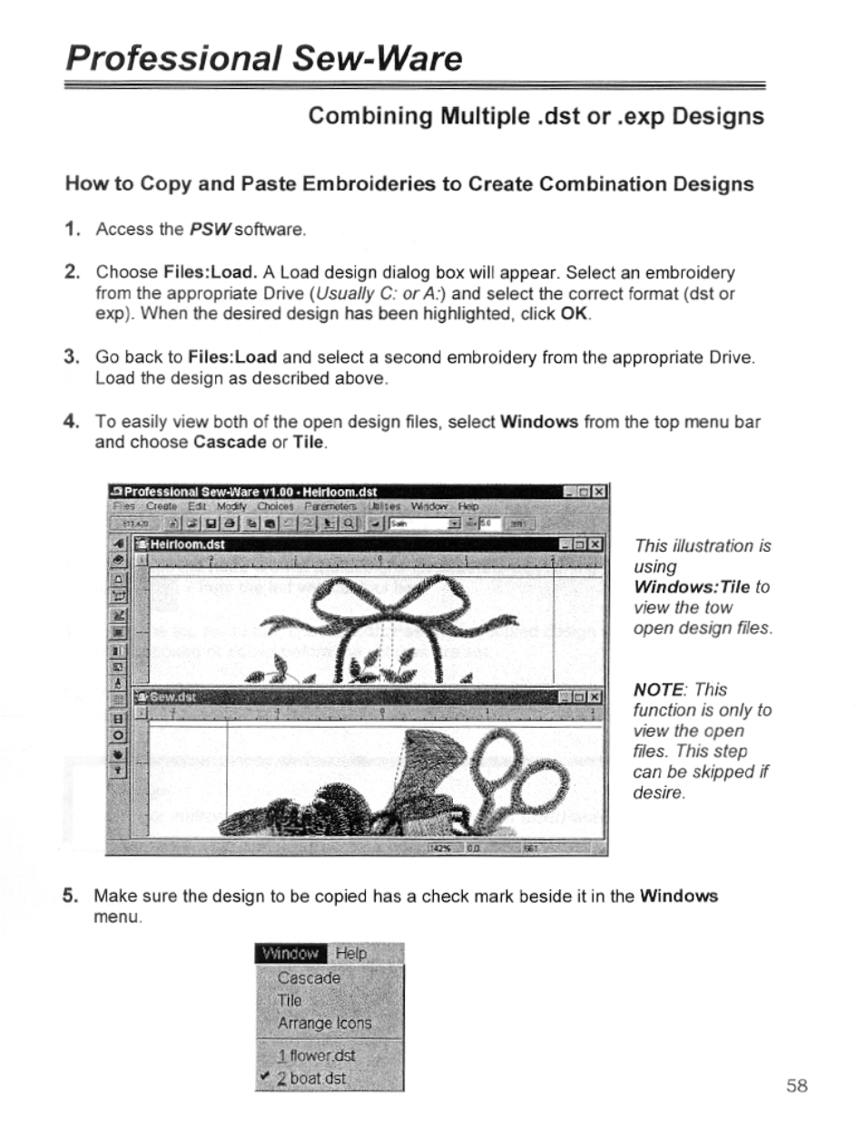 Combining multiple .dst or .exp designs, Combining multiple dst or exp designs, Professional sew-ware | SINGER PSW 1.10-WORKBOOK User Manual | Page 60 / 80