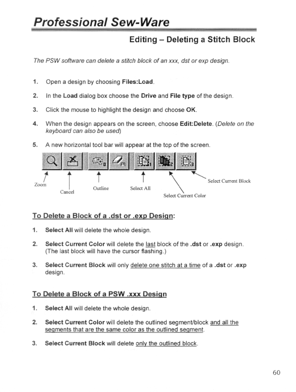 Editing - deleting a stitch block, Professional sew-ware | SINGER PSW 1.10-WORKBOOK User Manual | Page 62 / 80