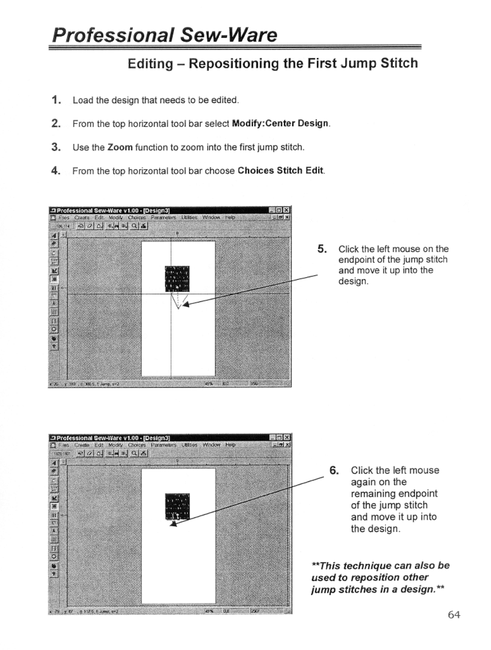 Editing - repositioning the first jump stitch, Professional sew-ware | SINGER PSW 1.10-WORKBOOK User Manual | Page 66 / 80