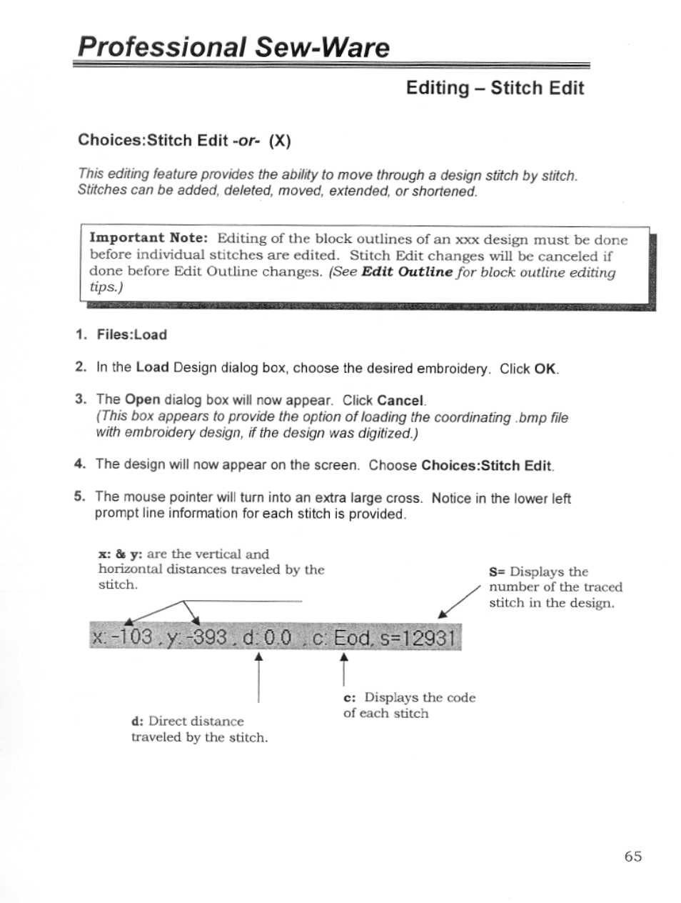 Editing - stitch edit, Editing stitch edit, See edit outline for block outline editing tips.) | Q .c: eod, s, Professional sew~ware | SINGER PSW 1.10-WORKBOOK User Manual | Page 67 / 80