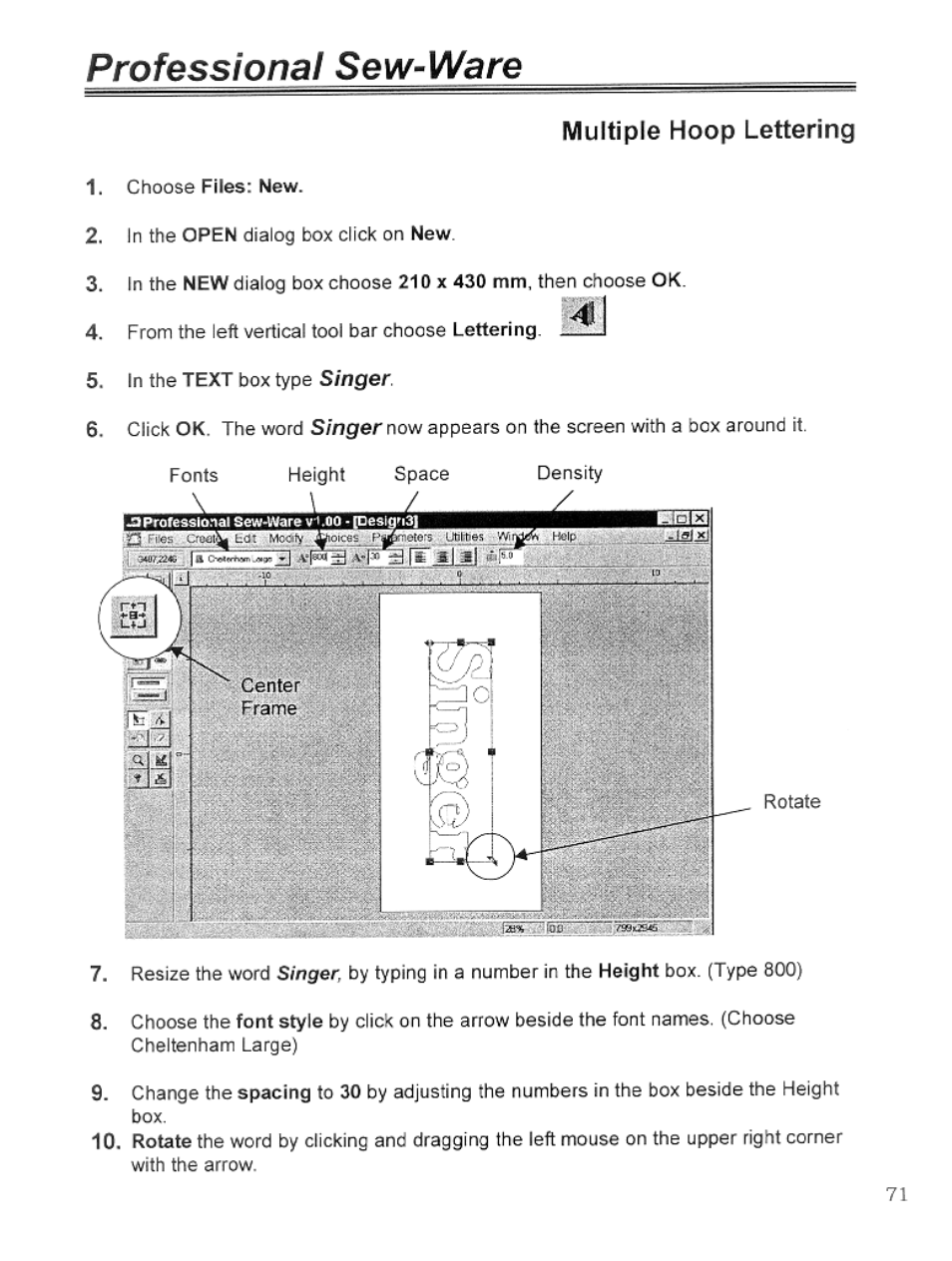 Multiple hoop lettering, Professional sew-ware | SINGER PSW 1.10-WORKBOOK User Manual | Page 73 / 80
