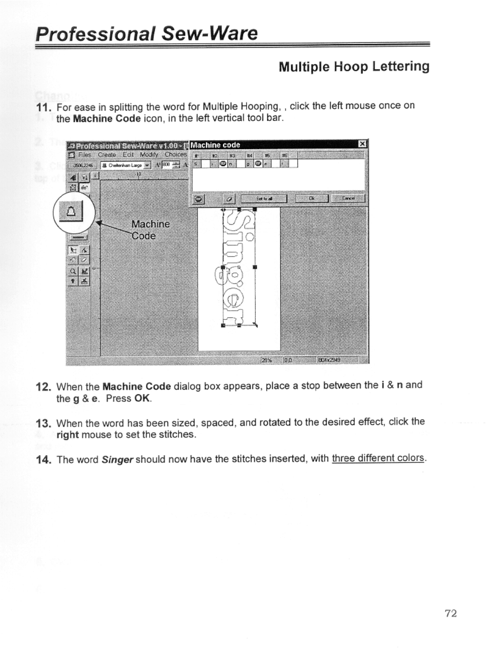 Multiple hoop lettering, Professional sew-ware | SINGER PSW 1.10-WORKBOOK User Manual | Page 74 / 80