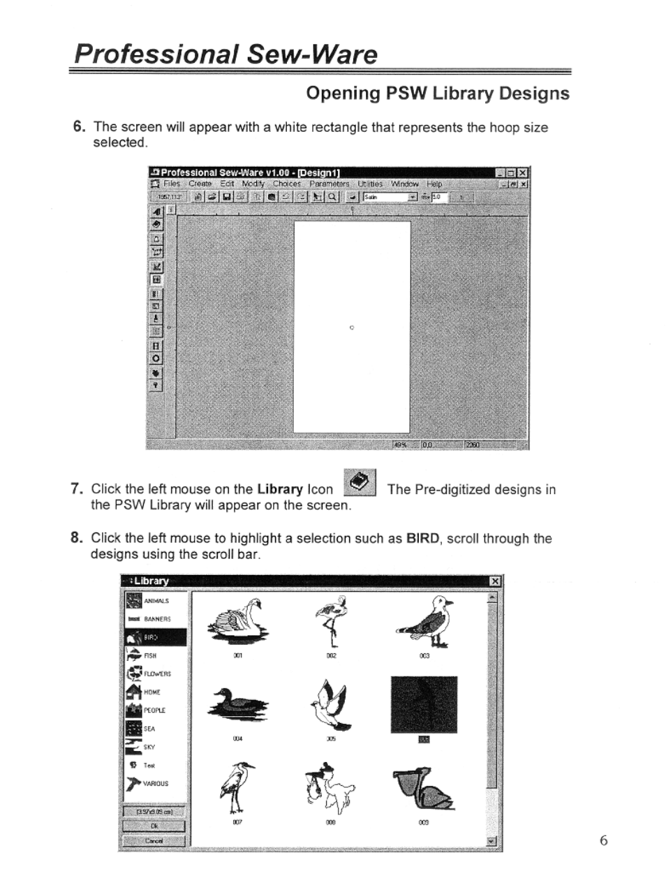 Opening psw library designs, T r m, Professional sew-ware | SINGER PSW 1.10-WORKBOOK User Manual | Page 8 / 80