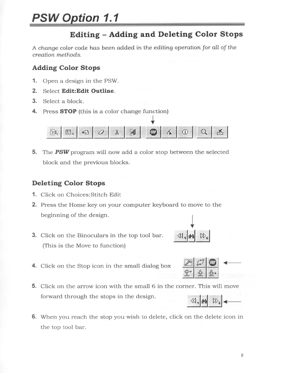 Psw option 1.1, E cj m f; & 4*1, Editing - adding and deleting color stops | SINGER S10 User Manual | Page 11 / 16