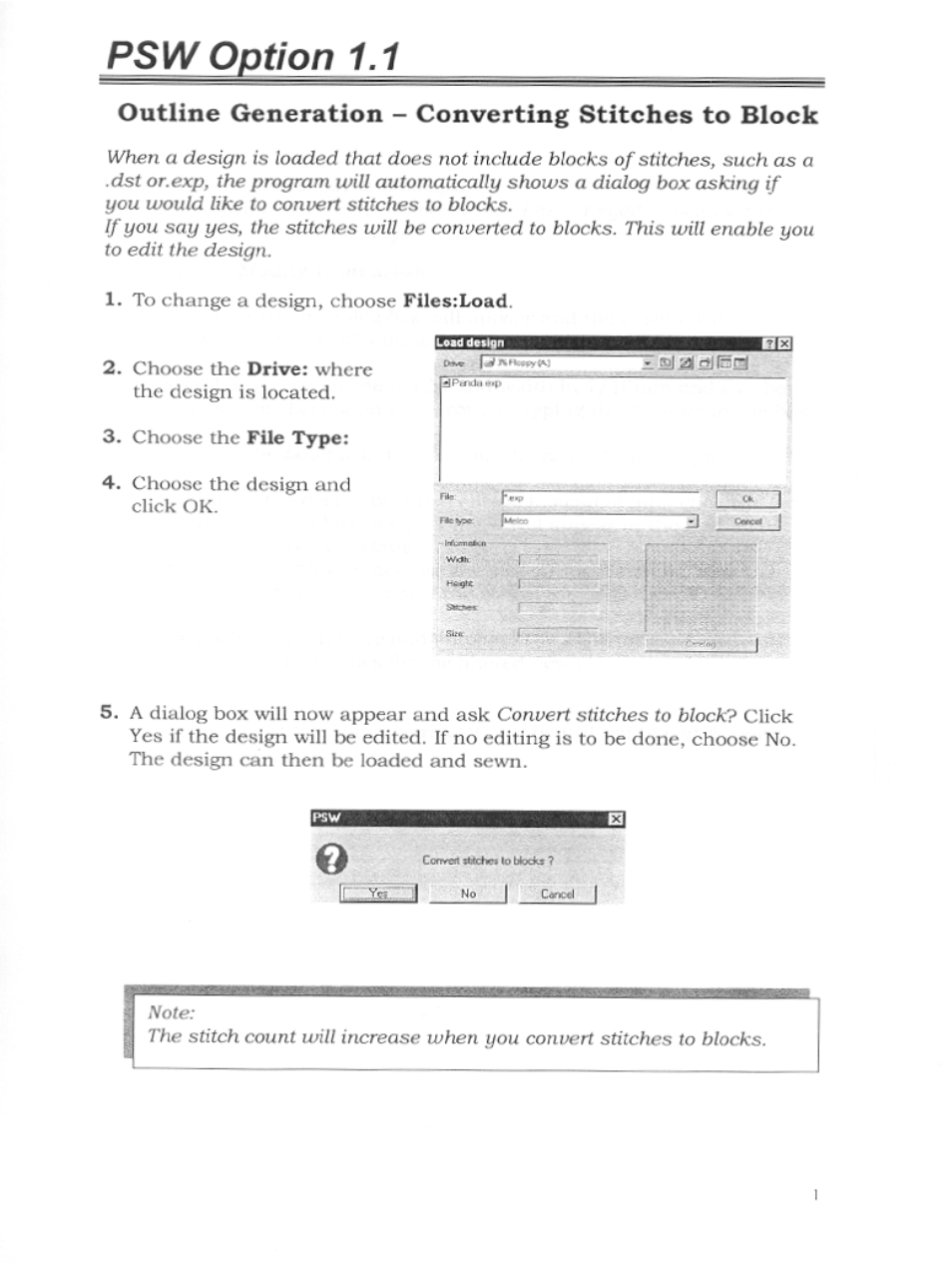 Psw option 1.1, Ir—lyg, Outline generation - converting stitches to block | SINGER S10 User Manual | Page 4 / 16