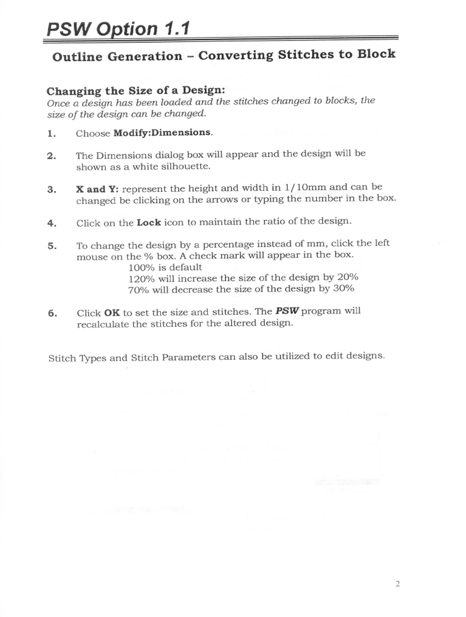 Psw option 1.1, Outline generation - converting stitches to block | SINGER S10 User Manual | Page 5 / 16