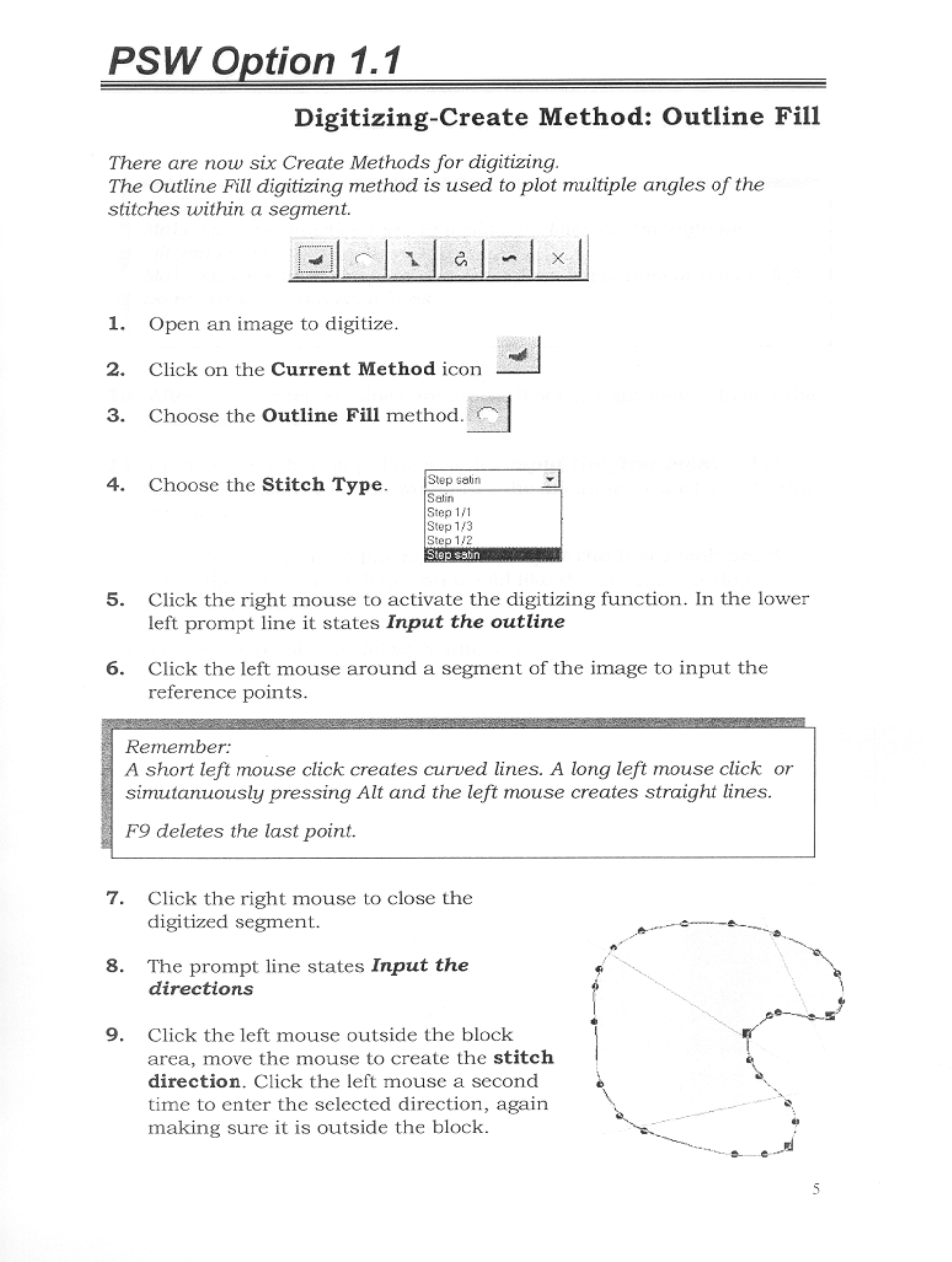 Psw option 1.1, Digitizing-create method: outline fill | SINGER S10 User Manual | Page 8 / 16