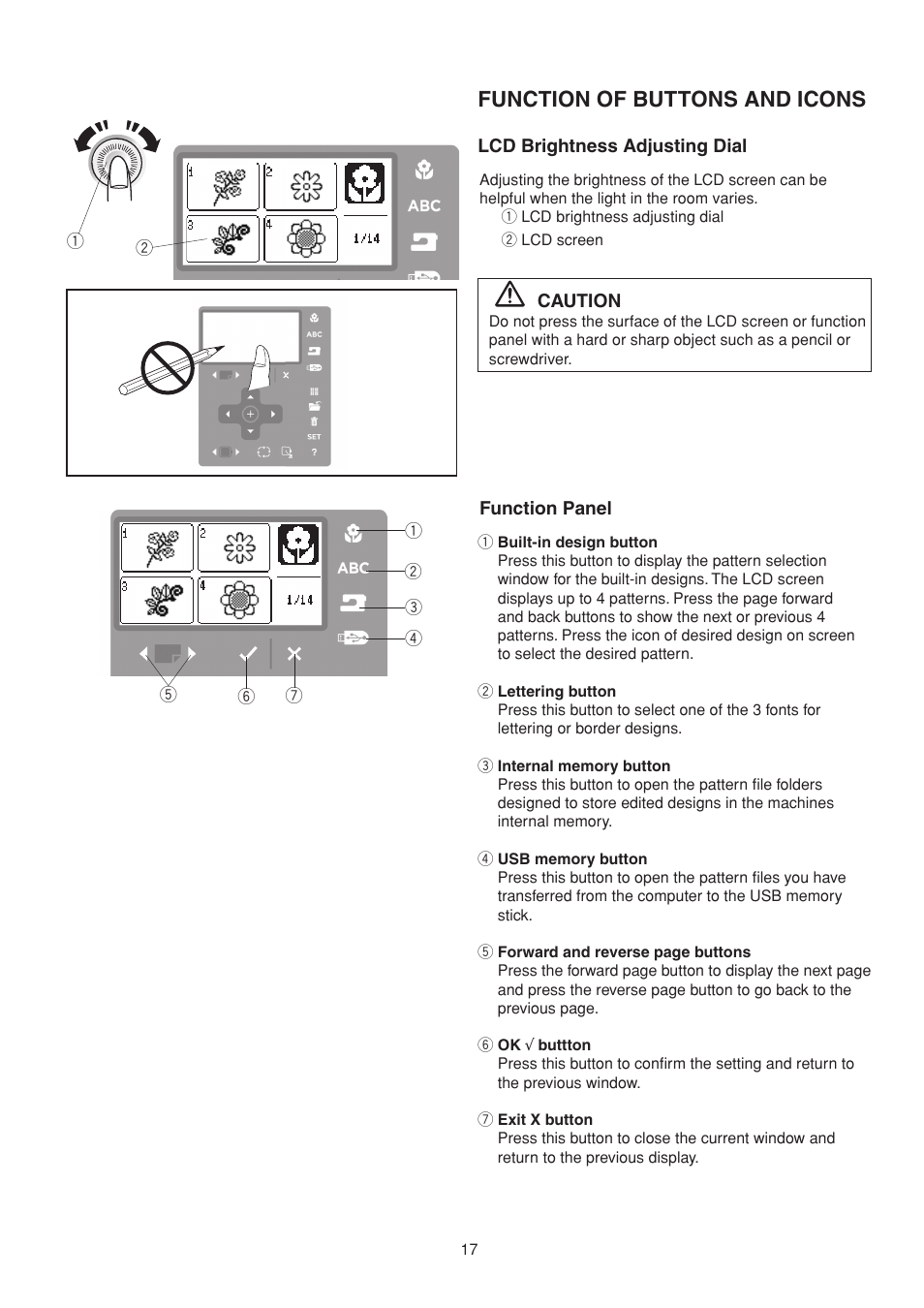 Function of buttons and icons | SINGER S10 STUDIO Instruction Manual User Manual | Page 17 / 56