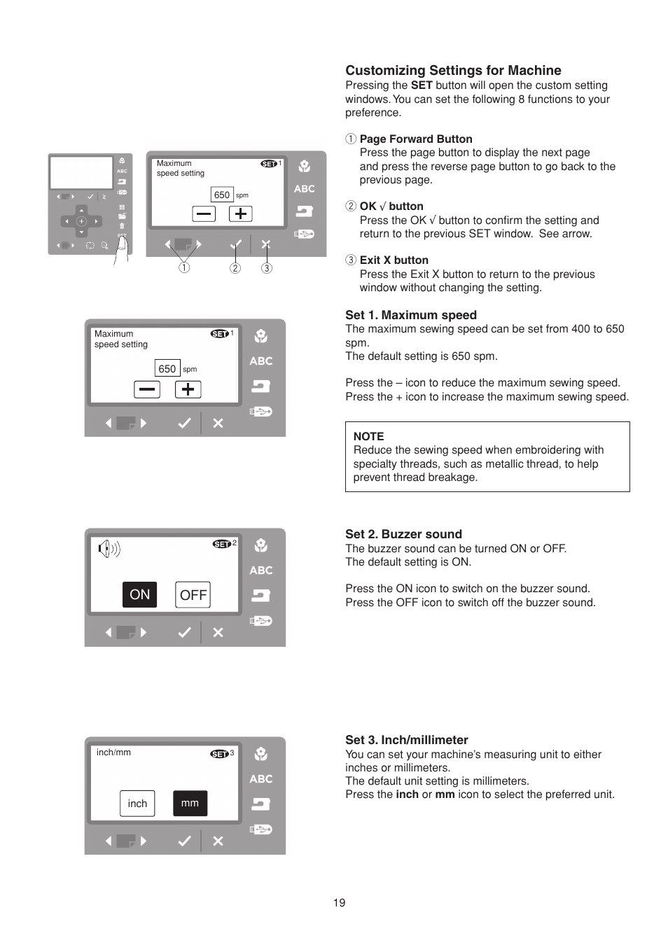 On off, Customizing settings for machine | SINGER S10 STUDIO Instruction Manual User Manual | Page 19 / 56