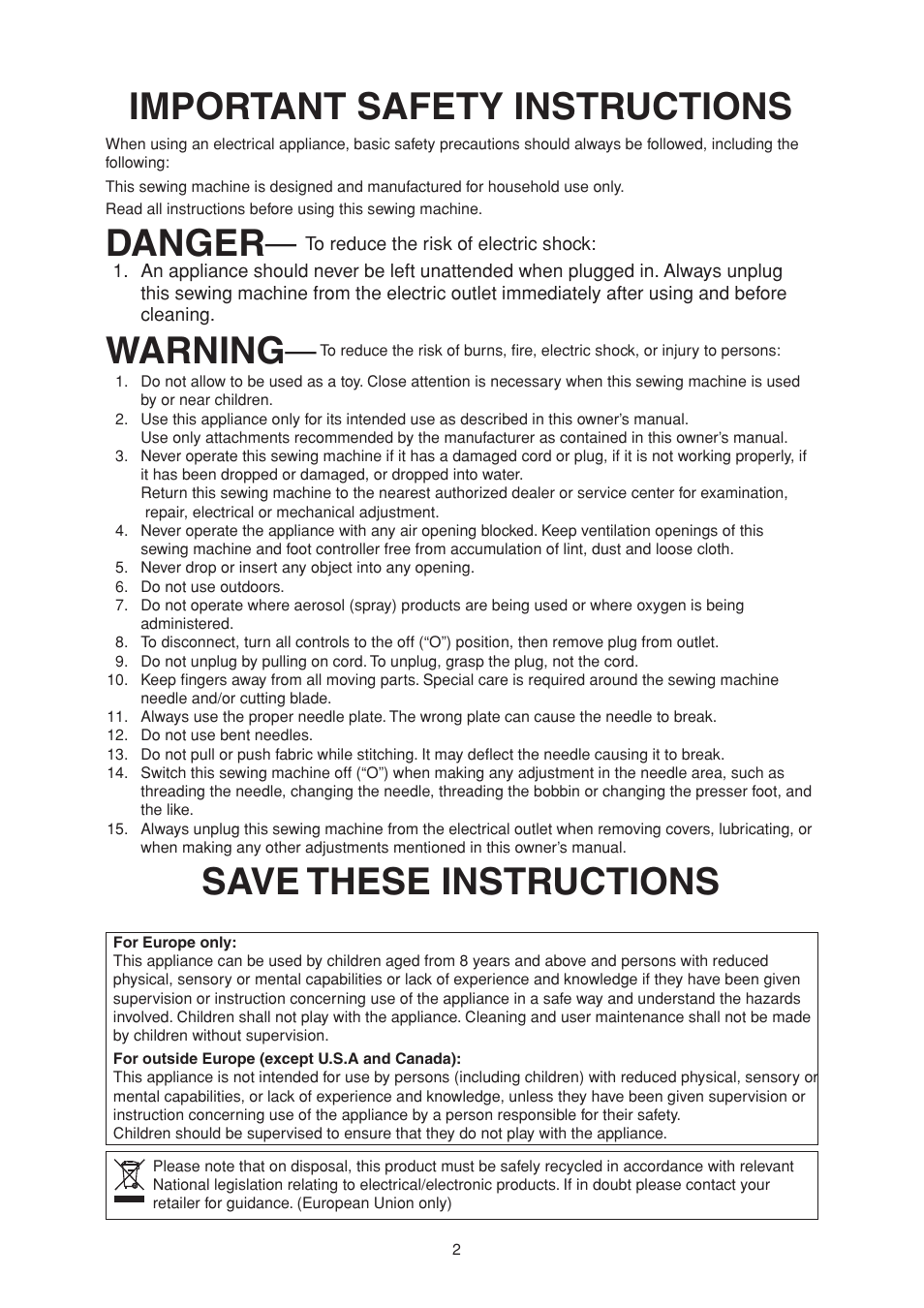 Important safety instructions, Danger, Warning | Save these instructions | SINGER S10 STUDIO Instruction Manual User Manual | Page 2 / 56