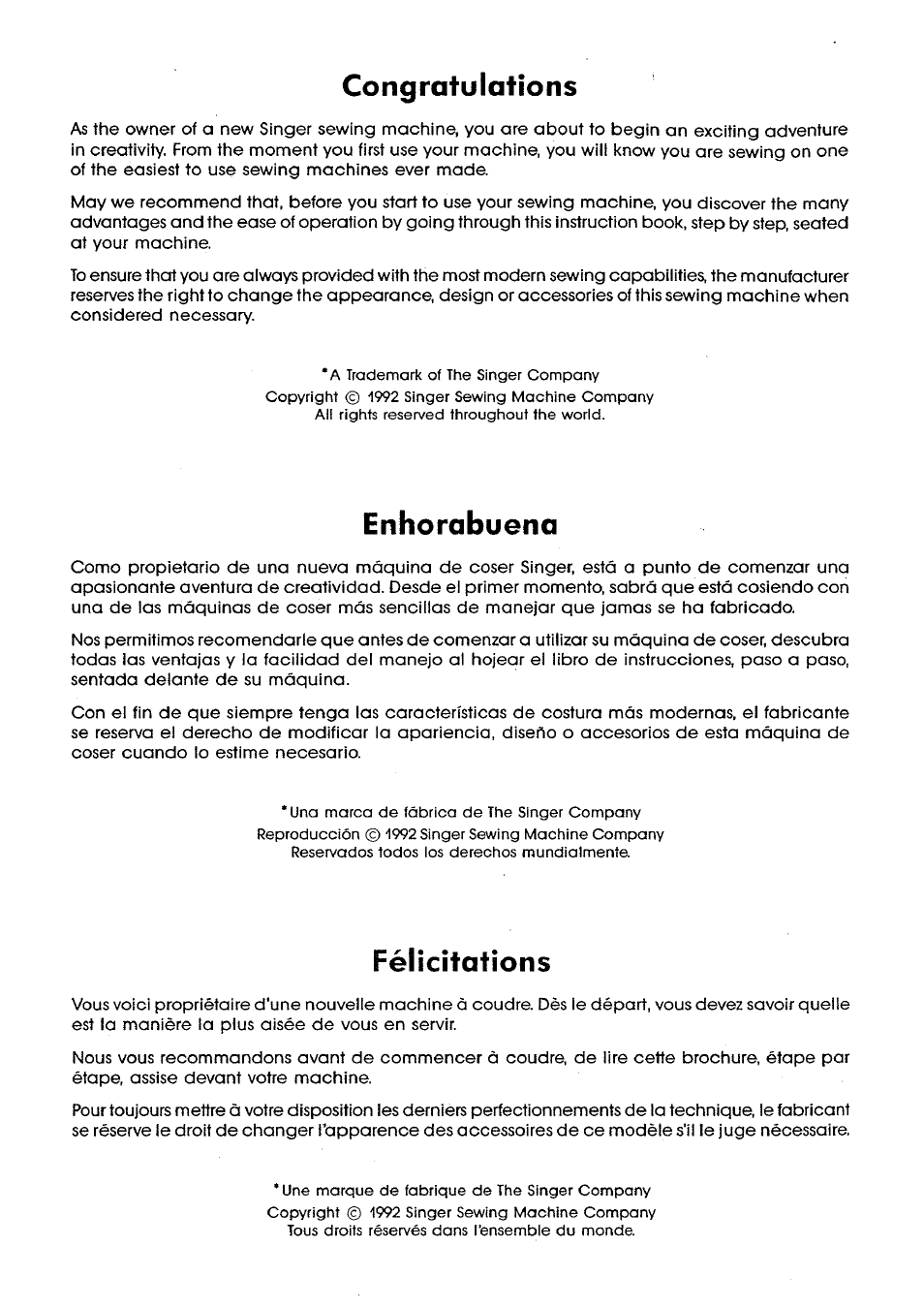 Congratulations, Enhorabuena, Félicitations | SINGER SM14 Style Mate User Manual | Page 2 / 68