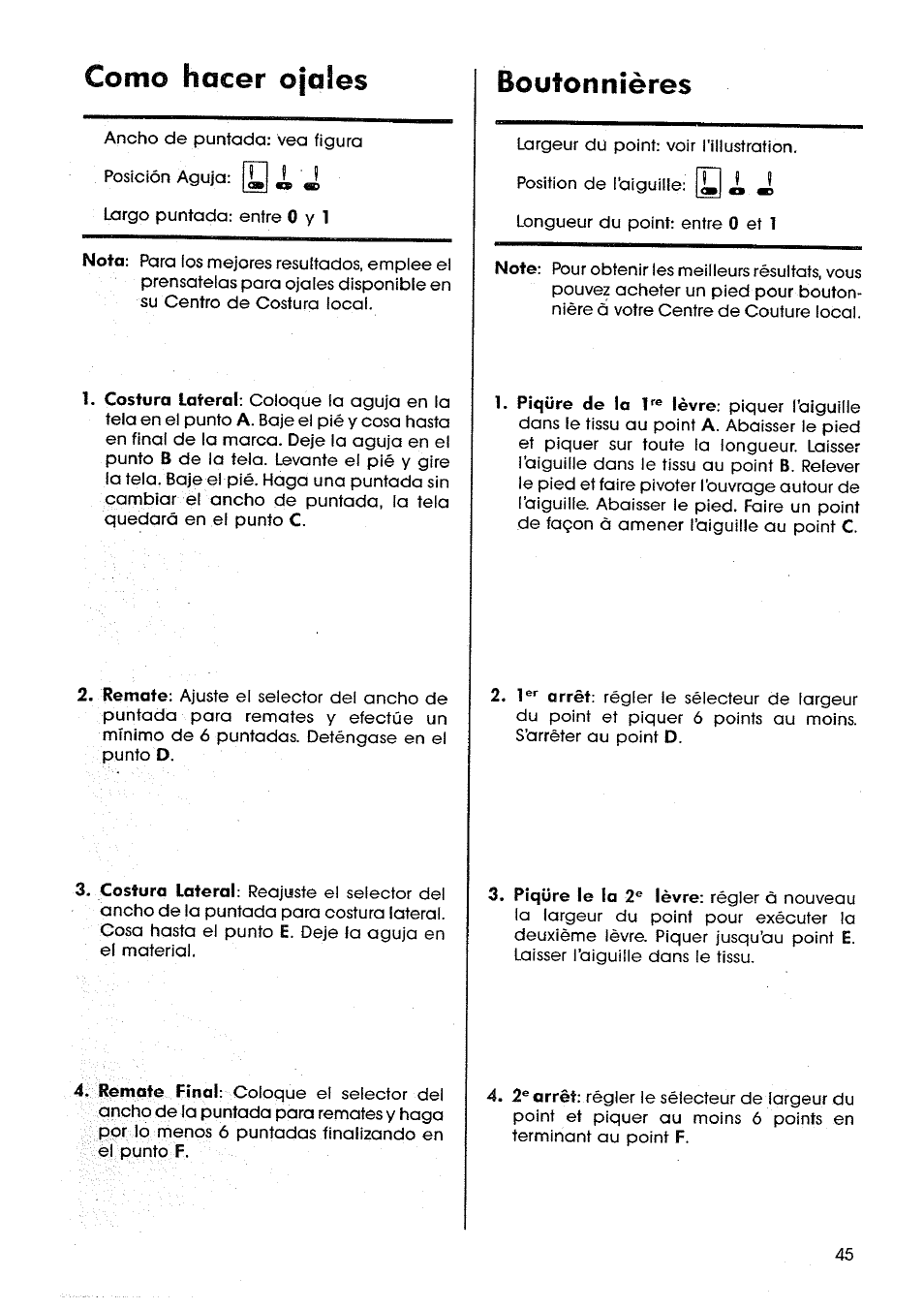 Como hacer ojales, Boutonnières | SINGER SM14 Style Mate User Manual | Page 47 / 68