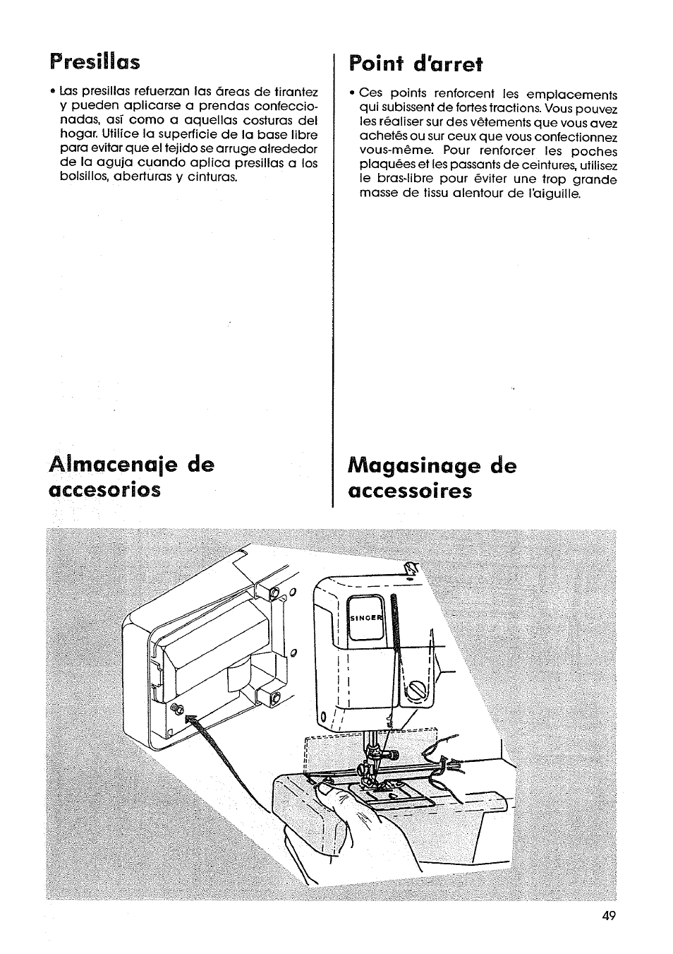 Presillas, Almacenaje de, Accesorios | Point d'arret, Magasinage de accessoires, Almacenaje de accesorios point d'arret | SINGER SM14 Style Mate User Manual | Page 51 / 68