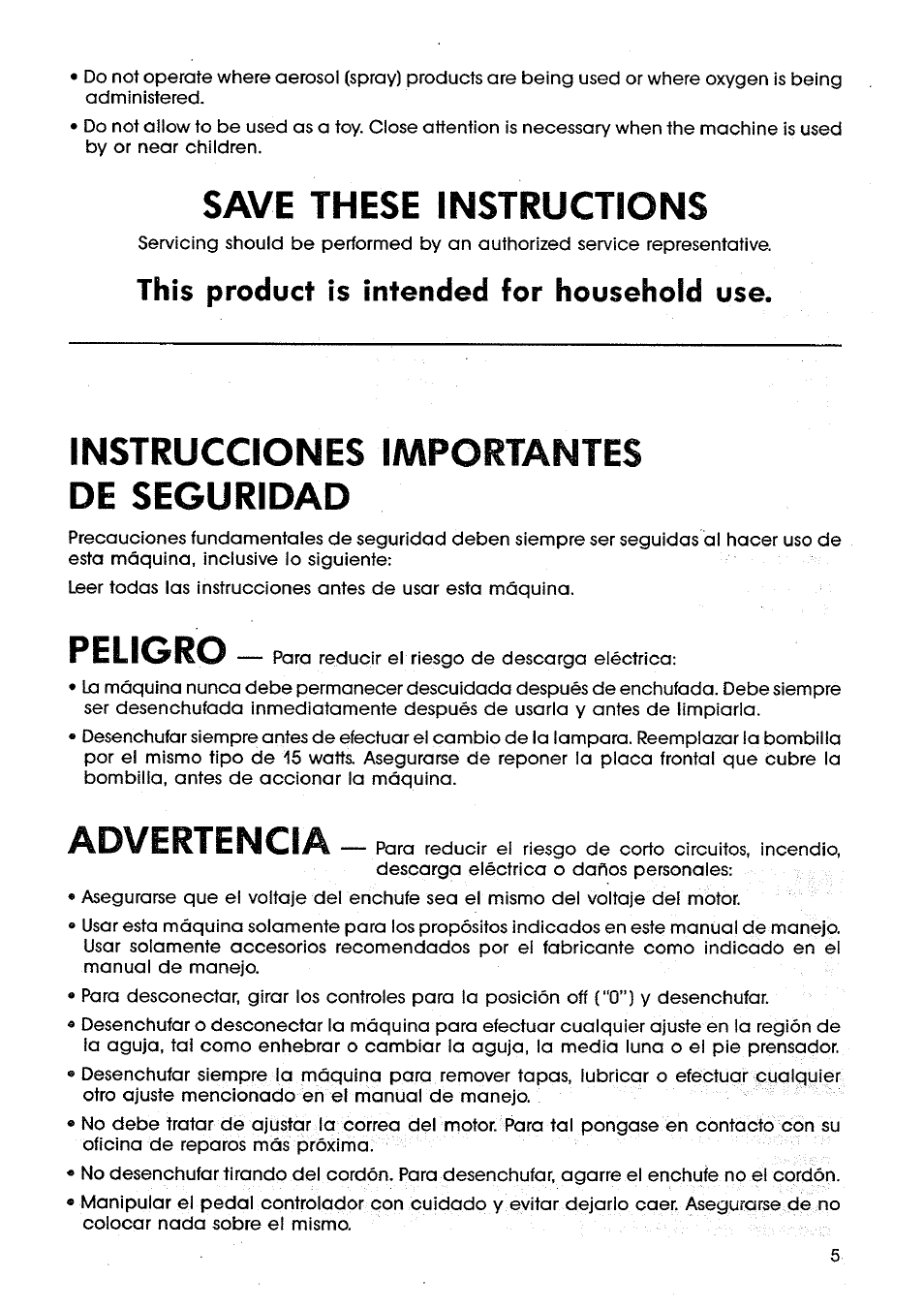 This product is intended for household use, Save these instructions, Instrucciones importantes de seguridad | Peligro, Advertencia | SINGER SM14 Style Mate User Manual | Page 7 / 68
