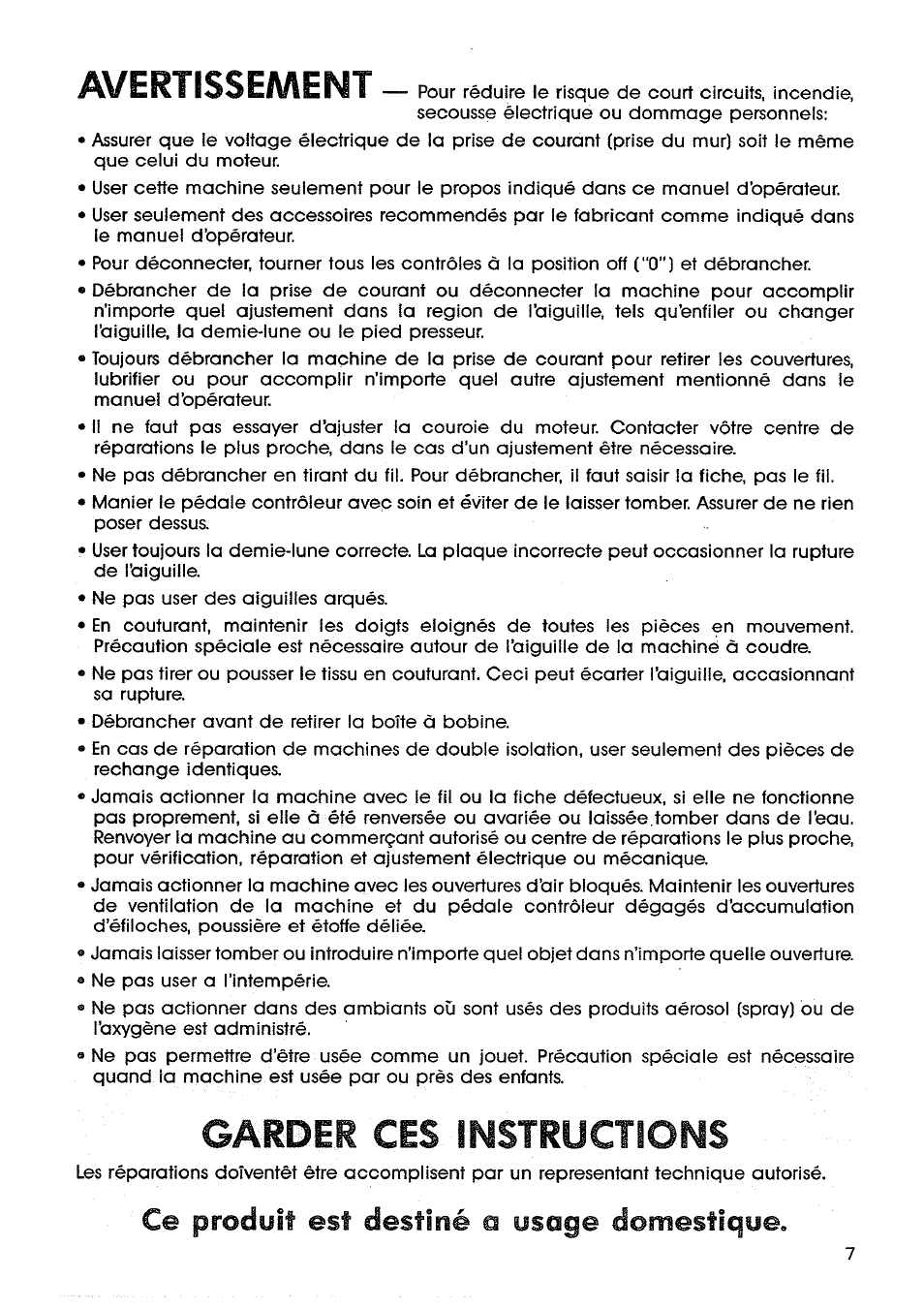 Ce produit est destiné a usage domestique, Gi^rder ces instructions, Avertissement | SINGER SM14 Style Mate User Manual | Page 9 / 68
