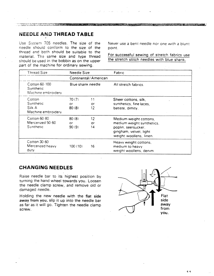 Needle and thread table, Changing needles | SINGER W ET 10 User Manual | Page 13 / 42