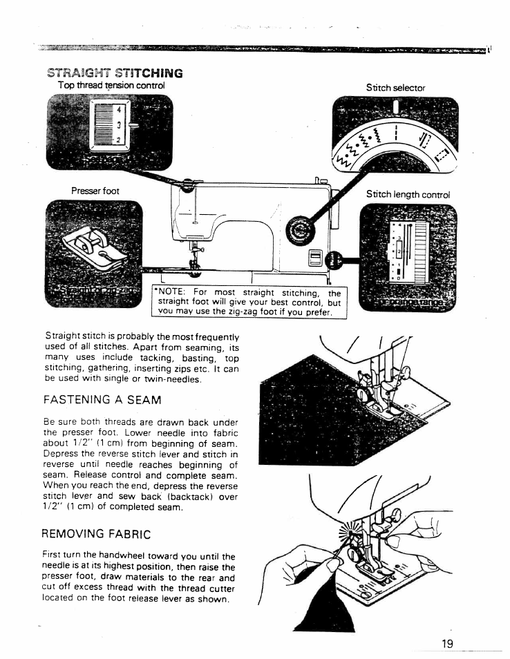 Fastening a seam, Removing fabric, Stitching | 37ha3ght | SINGER W ET 10 User Manual | Page 21 / 42