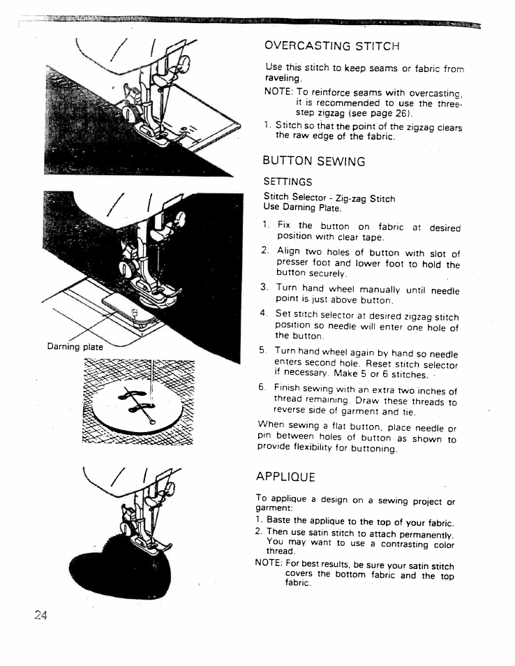 Overcasting stitch, Button sewing, Applique | Smocking stitch | SINGER W ET 10 User Manual | Page 26 / 42