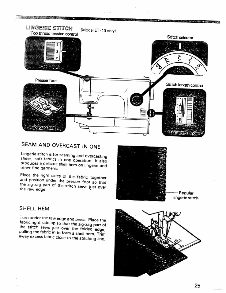 Top thirad terelon control, Stitch sdector, Seam and overcast in one | Shell hem, F л / ^ ^ в, Mode! et | SINGER W ET 10 User Manual | Page 27 / 42