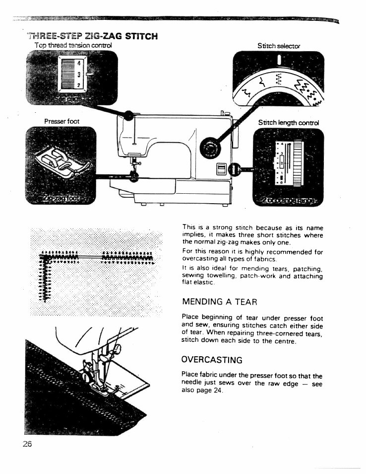 Mending a tear, Overcasting, Threi-s'ts? zig-zag stitch | SINGER W ET 10 User Manual | Page 28 / 42