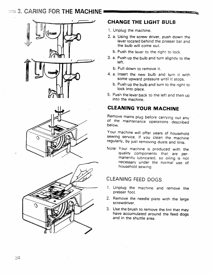 Caring for the machine, Change the light bulb, Cleaning your machine | Cleaning feed dogs, Setting up your machine, Cleaning the machine | SINGER W ET 10 User Manual | Page 36 / 42