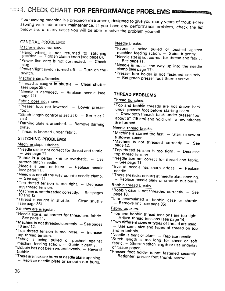 Check chart for performance problems, Check chart, Performance problems | SINGER W ET 10 User Manual | Page 38 / 42