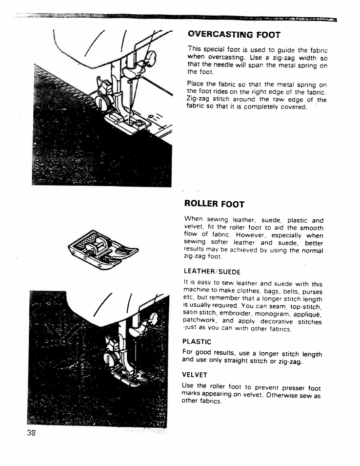 Overcastliye toot, Roller foot, Leather/suede | Plastic, Velvet | SINGER W ET 10 User Manual | Page 40 / 42