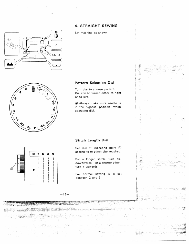 Pattern selection dial, Stitch length dial, Straight sewing | SINGER W1015 Elgin User Manual | Page 21 / 50