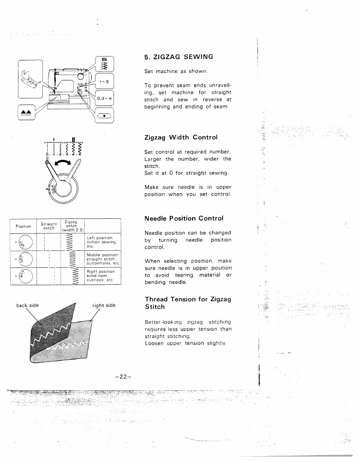 Zigzag sewing, Zigzag width control, Needle position control | Thread tension for zigzag stitch | SINGER W1015 Elgin User Manual | Page 25 / 50