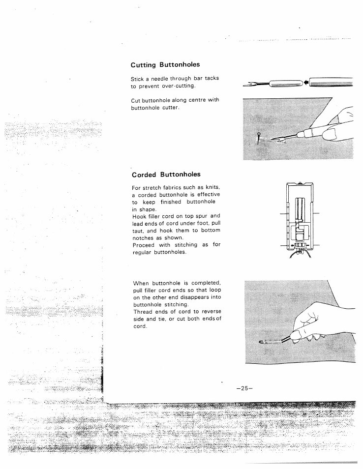 Cutting buttonholes, Corded buttonholes, Cutting buttonholes corded buttonholes | SINGER W1015 Elgin User Manual | Page 28 / 50