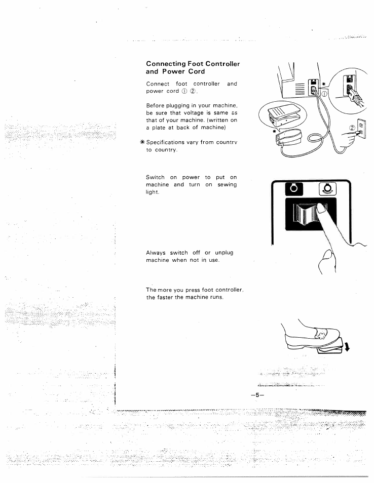 Connecting foot controller and power cord | SINGER W1015 Elgin User Manual | Page 8 / 50