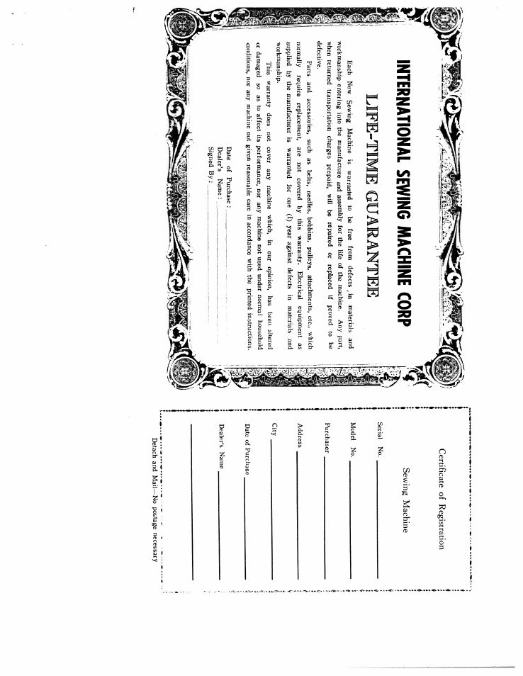 International sewing machine corp, Life-time guarantee | SINGER W102 User Manual | Page 2 / 32