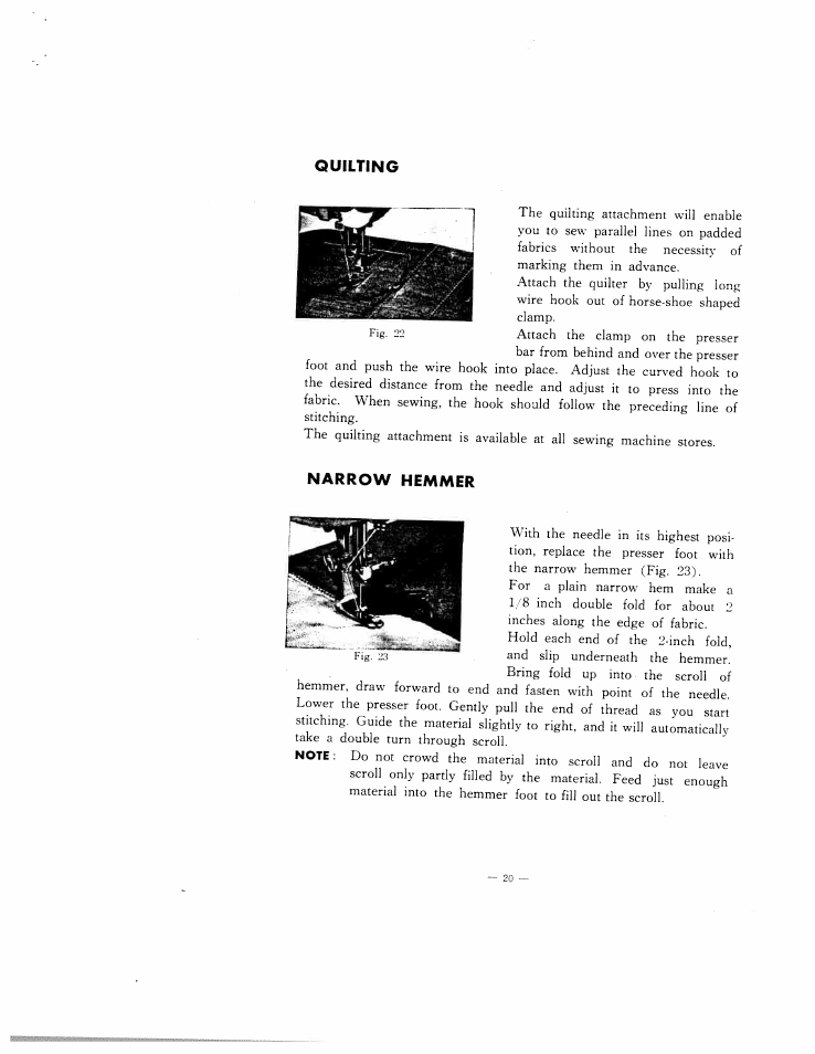 Quilting, Narrow hemmer | SINGER W102 User Manual | Page 23 / 32