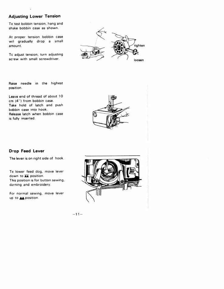 Drop feed lever, Adjusting lower tension | SINGER W1033 User Manual | Page 14 / 32