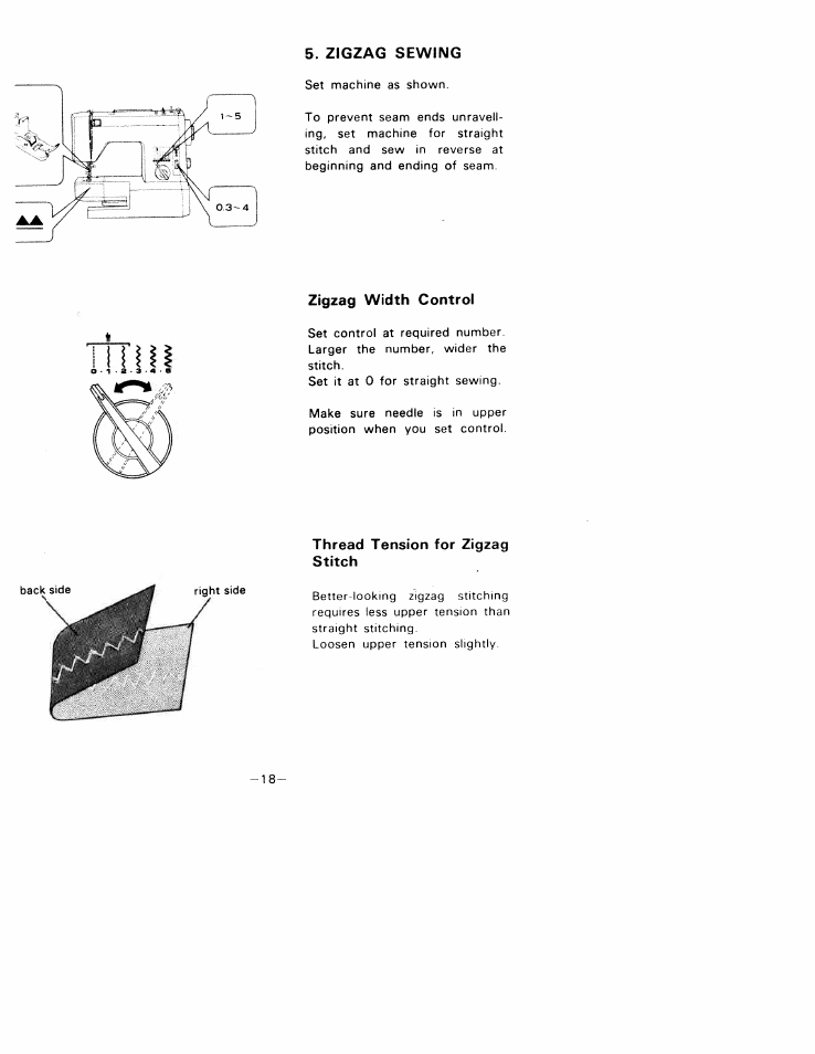 Zigzag sewing, Zigzag width control, Thread tension for zigzag stitch | SINGER W1033 User Manual | Page 21 / 32