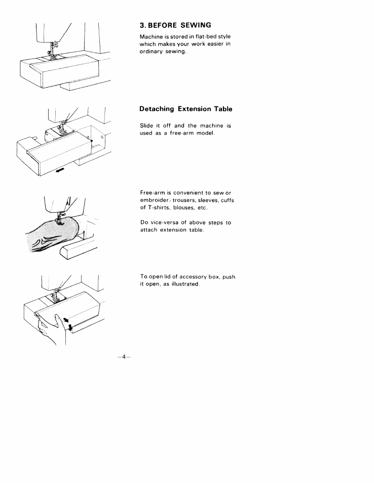 Before sewing, Detaching extension table | SINGER W1033 User Manual | Page 6 / 32
