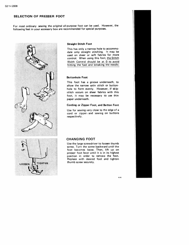 Selection of presser foot, Changing foot | SINGER W106 User Manual | Page 11 / 44