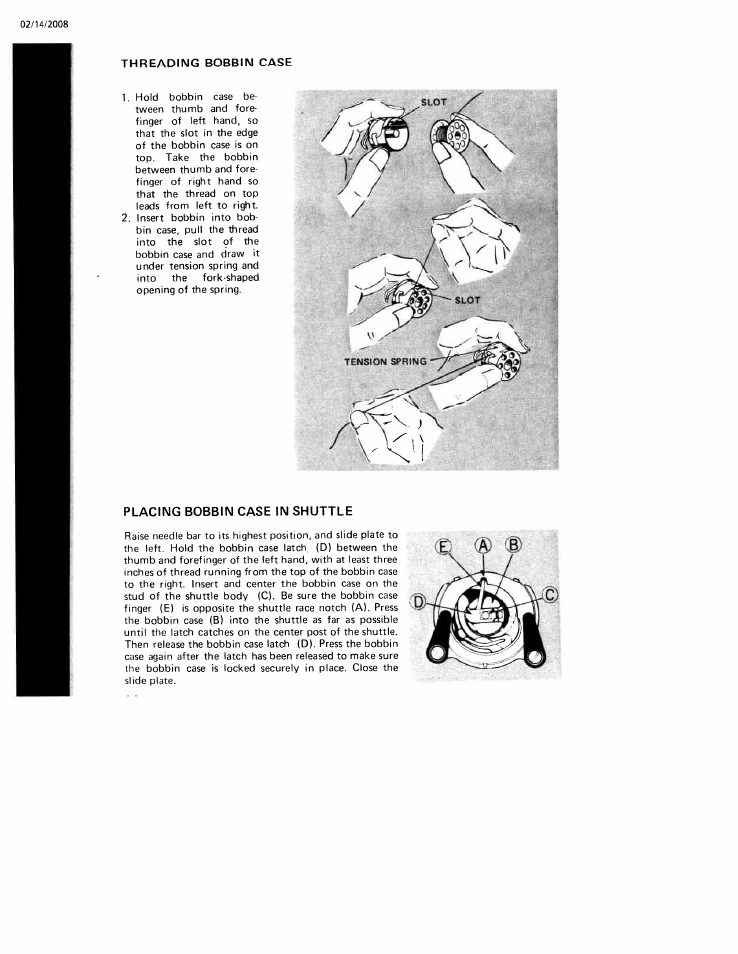 Threading bobbin case, Placing bobbin case in shuttle | SINGER W106 User Manual | Page 14 / 44