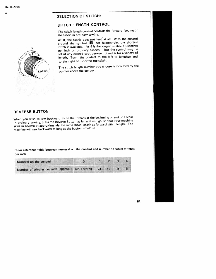 Selection of stitch, Stitch length control, Reverse button | SINGER W106 User Manual | Page 15 / 44