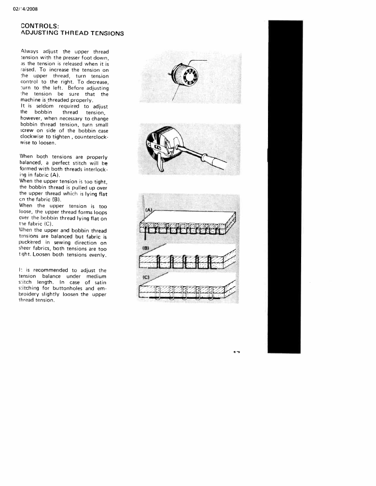 Controls, Adjusting thread tensions | SINGER W106 User Manual | Page 17 / 44