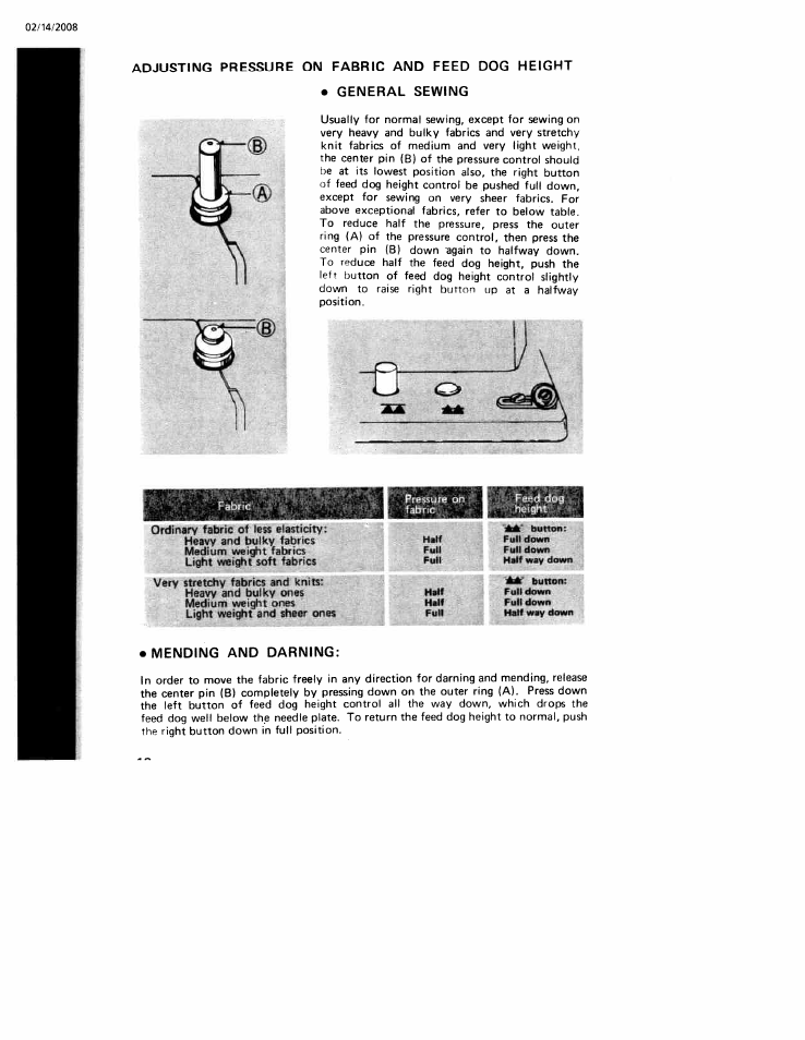 Adjusting pressure on fabric and feed dog height, General sewing, Mending and darning | SINGER W106 User Manual | Page 18 / 44
