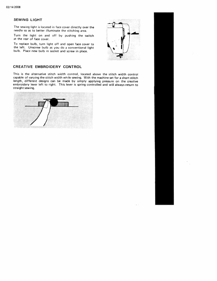 Sewing light, Creative embroidery control, Sewing light creative embroidery control | SINGER W106 User Manual | Page 19 / 44