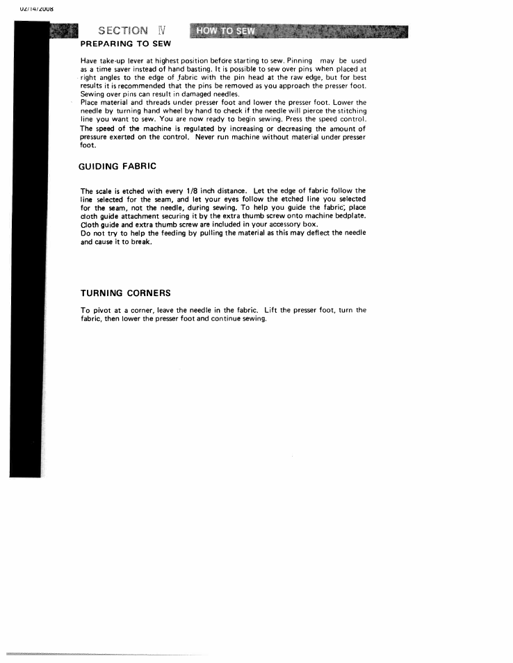 Section n, Preparing to sew, Guiding fabric | Turning corners, Preparing to sew guiding fabric turning corners | SINGER W106 User Manual | Page 20 / 44