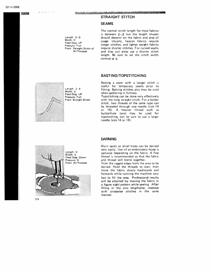 Straight stitch seams, Basting/topstitching, Darning | Basting/topstitching darning | SINGER W106 User Manual | Page 22 / 44