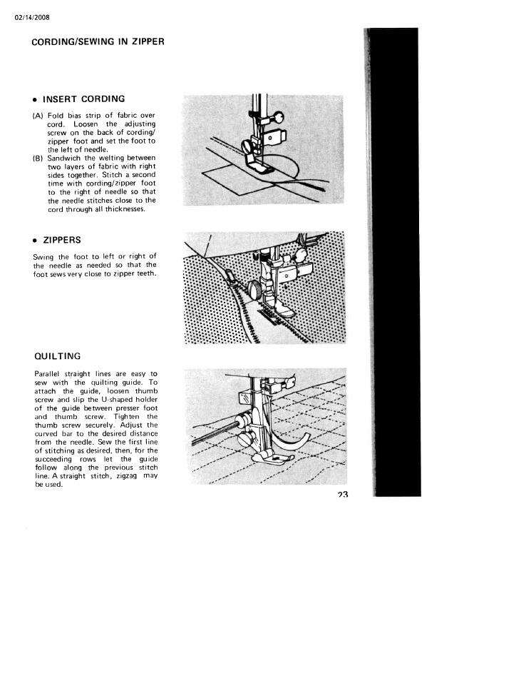 Cording/sewing in zipper, Insert cording, Zippers | Quilting, Cording/sewing, In zipper | SINGER W106 User Manual | Page 23 / 44